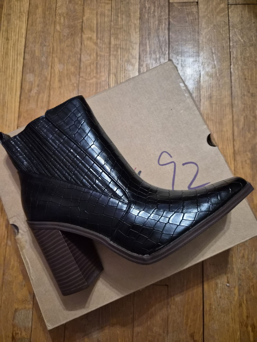 Croc-Embossed Black Block Heel Ankle Booties